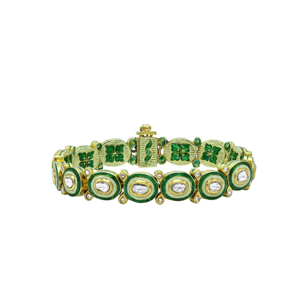 Polki Diamond Bracelet with Oval Green Enamel